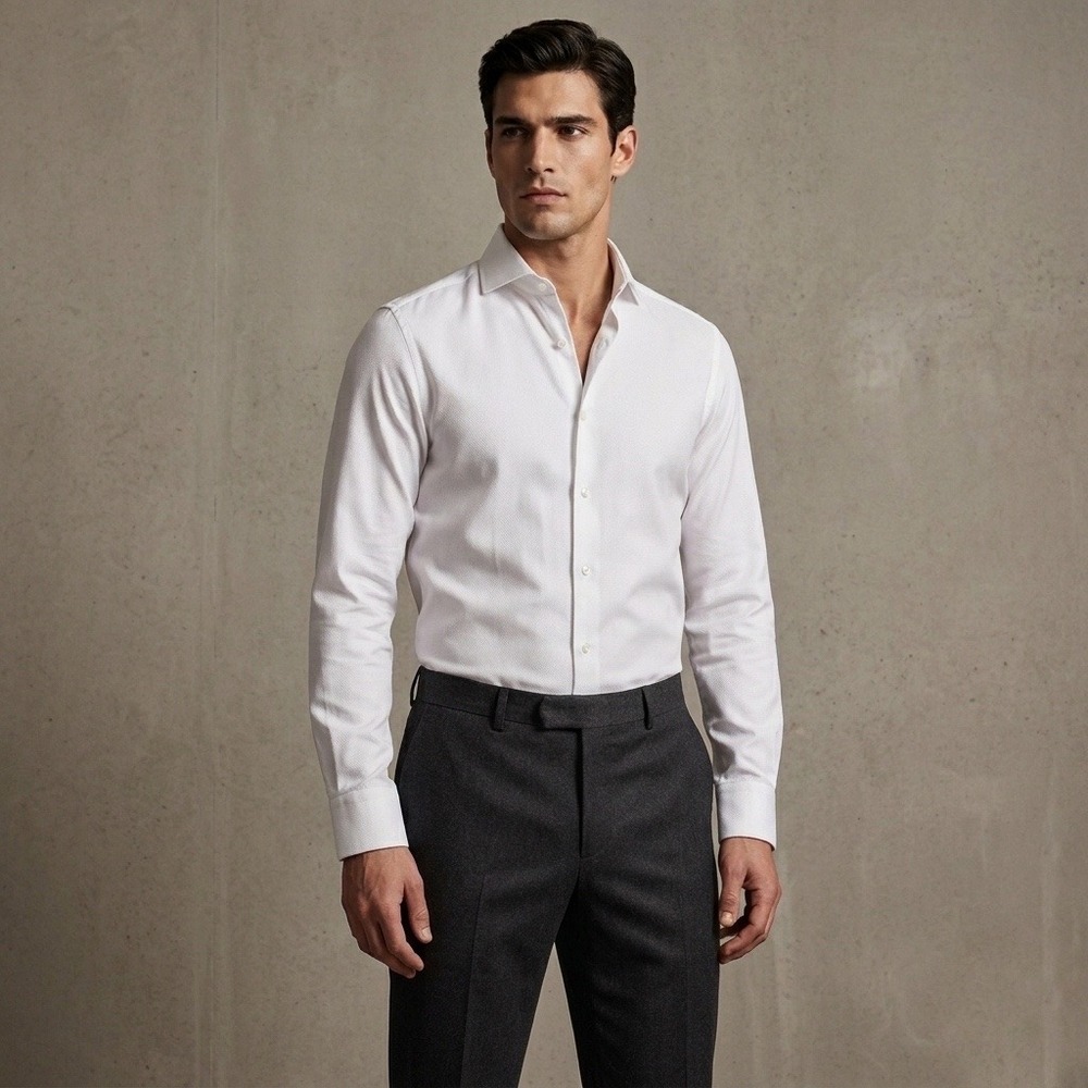Hugo Boss Sharp Fit White Textured Dress Shirt Mens 15.5 34/35 Spread Collar